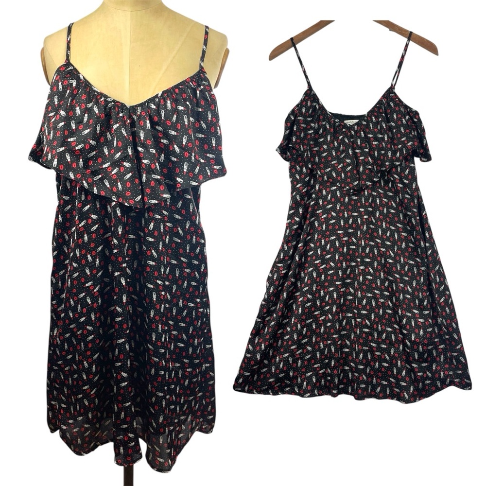 Charlotte Russe Lipstick Print Dress SM Black Mini Lips Glam Dot Y2K 00s